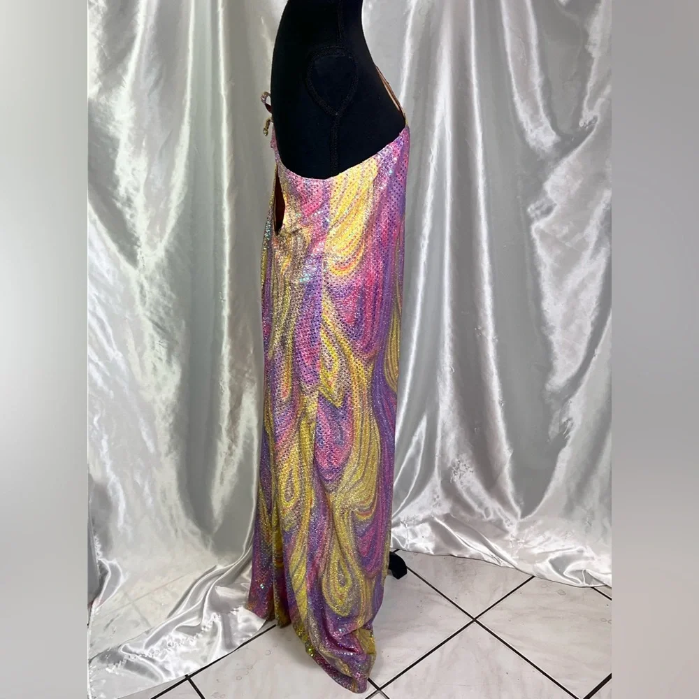 Asymmetrical Pink+Yellow Swirl One Shoulder Disco-Inspired Prom/Party Maxi Dress - Picture 6 of 8